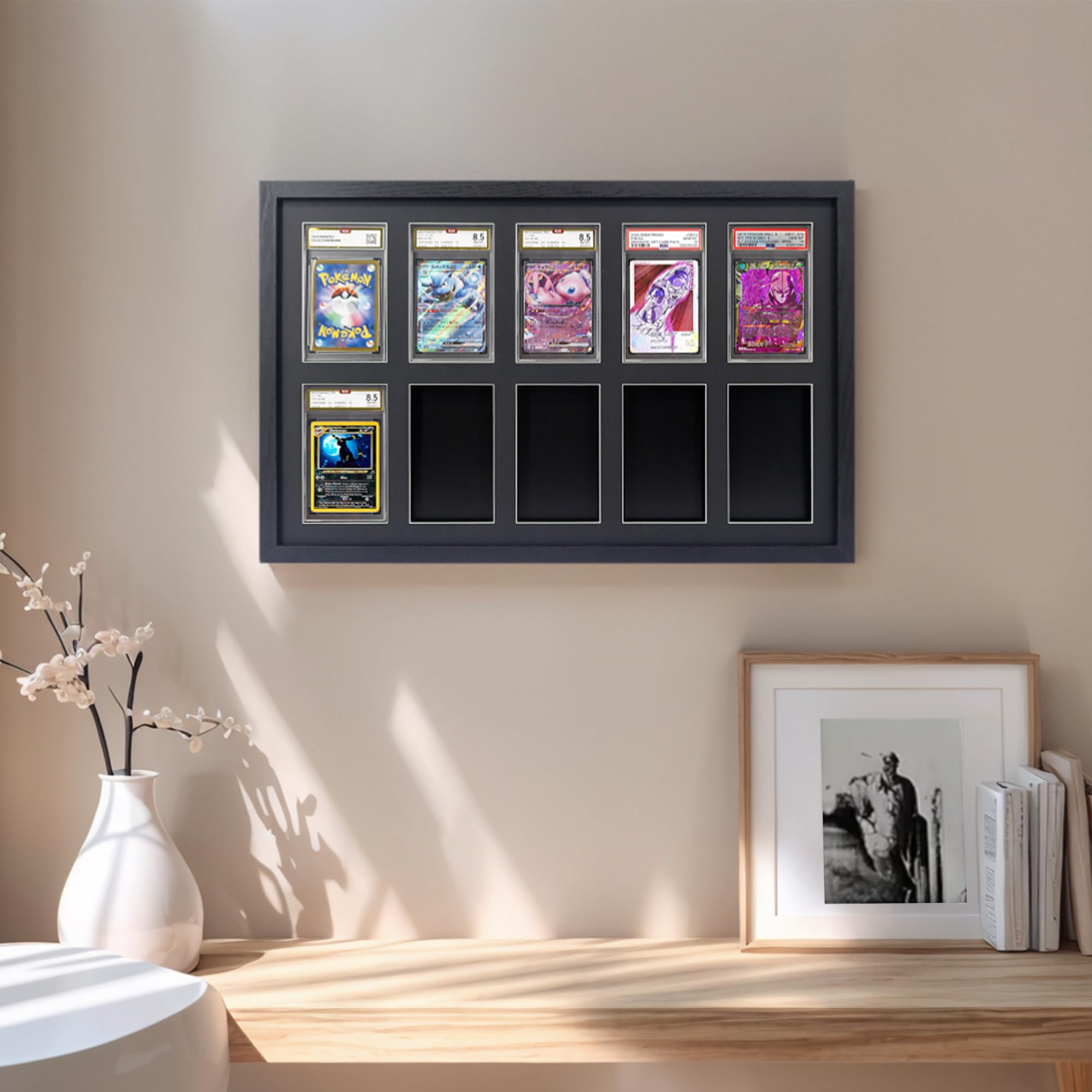 FramePro hanging on wall in living room offering stylish exhibit and space-saving benefit