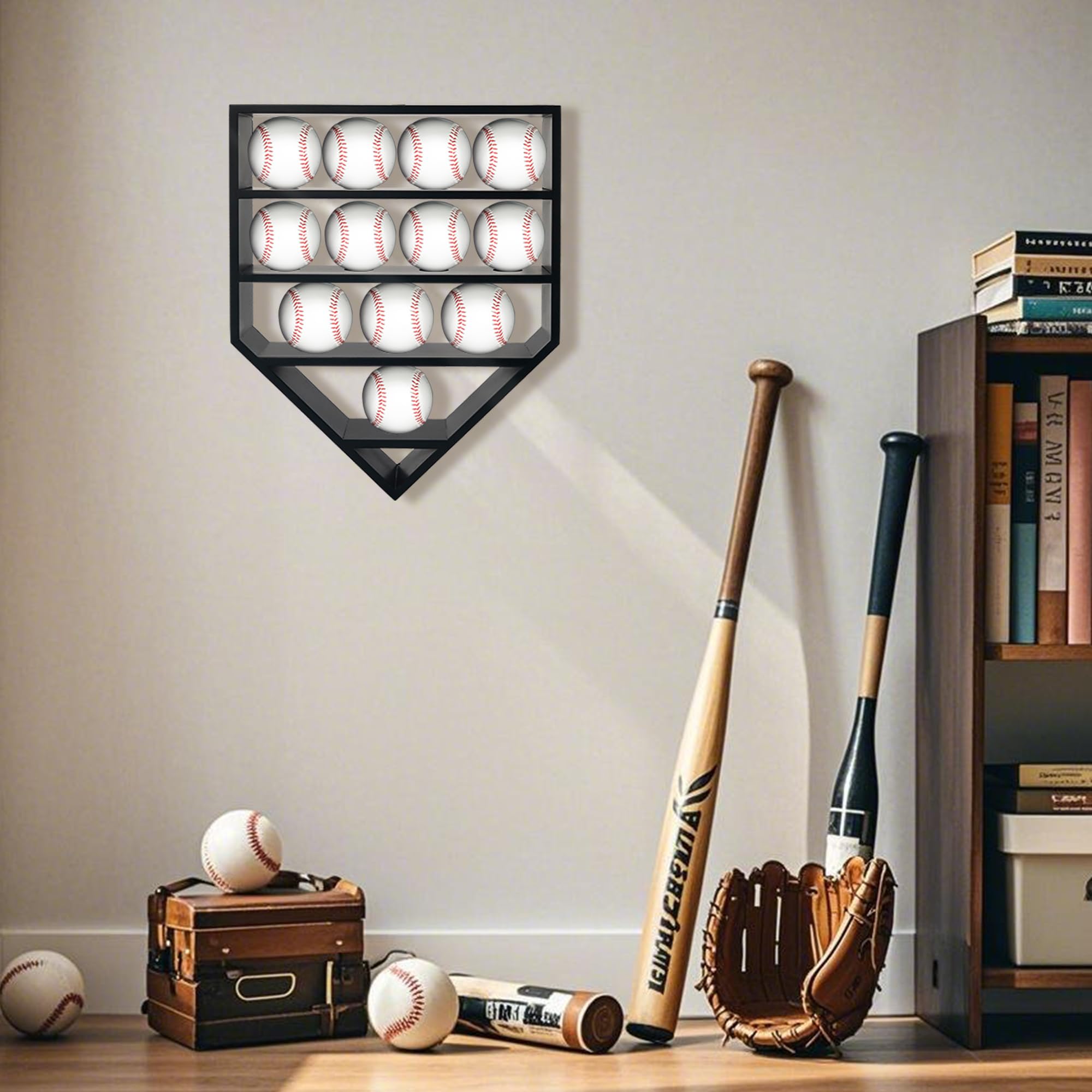 FramePro shelf holding a glove and cap demonstrating mixed-memorabilia layout