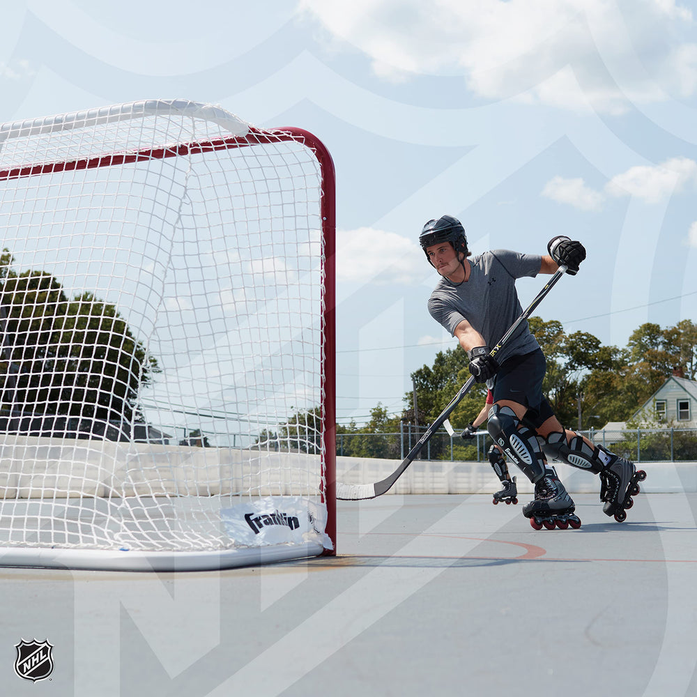 Franklin Sports goal set up in garage indicating convenient indoor practice