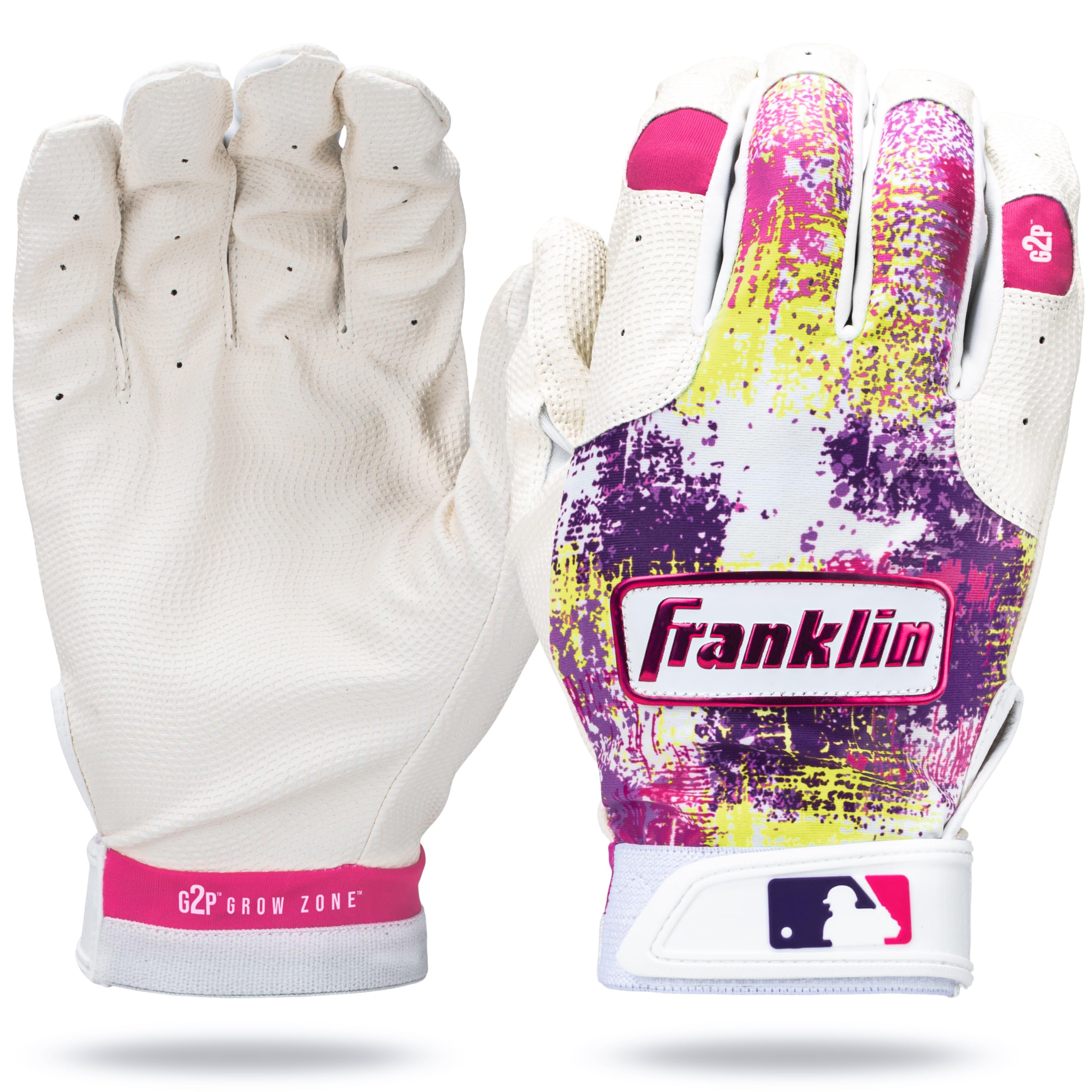 Franklin Sports front view showing pink white gloves and clear fit benefits