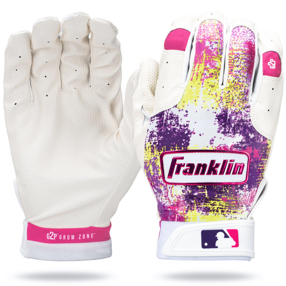 Franklin Sports front view showing pink white gloves and clear fit benefits