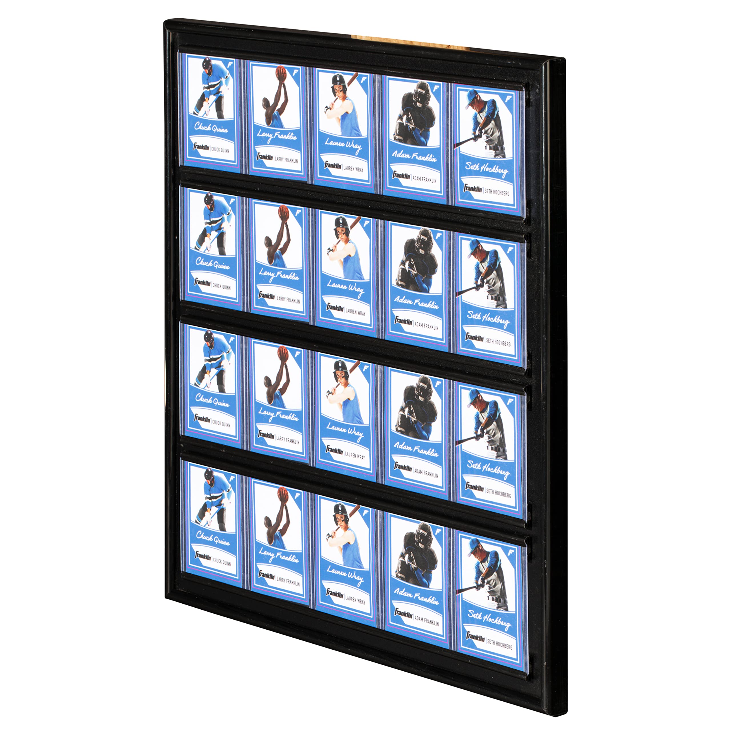 Franklin Sports front view frame showing 20 displayed cards and crisp presentation benefit