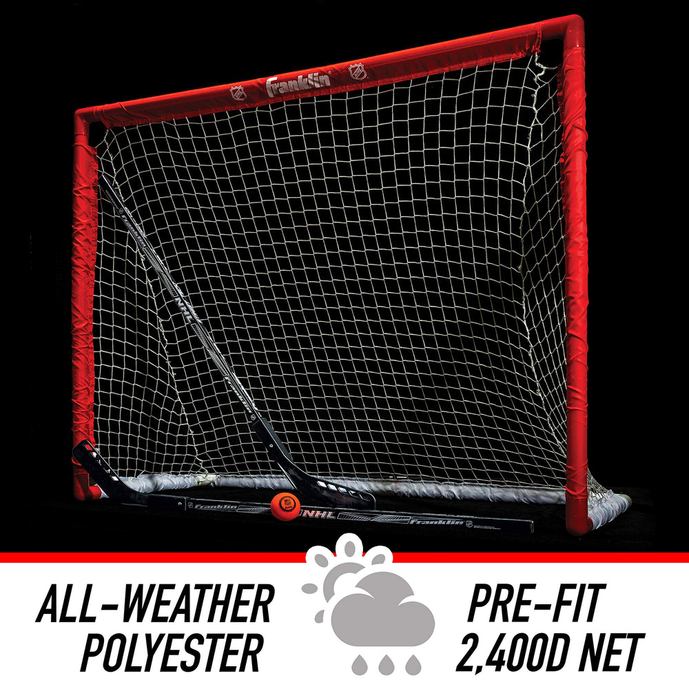 Franklin Sports goal assembled in driveway demonstrating portable play