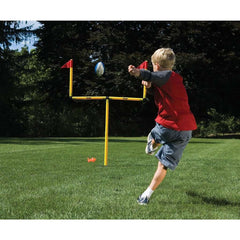 Franklin Sports goal posts assembled in a backyard for portable family play