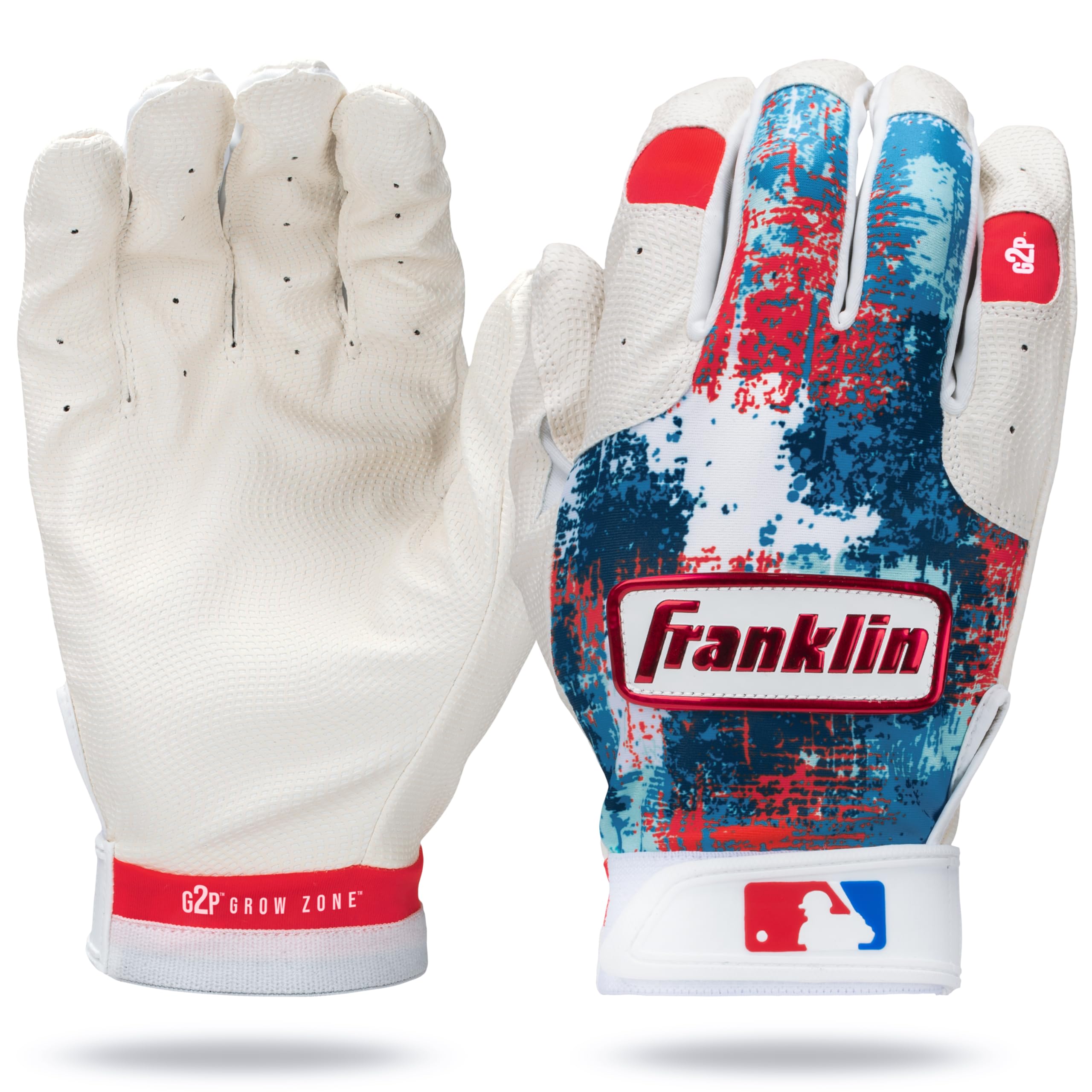 Franklin Sports front view of red white blue gloves showing fit and style benefit