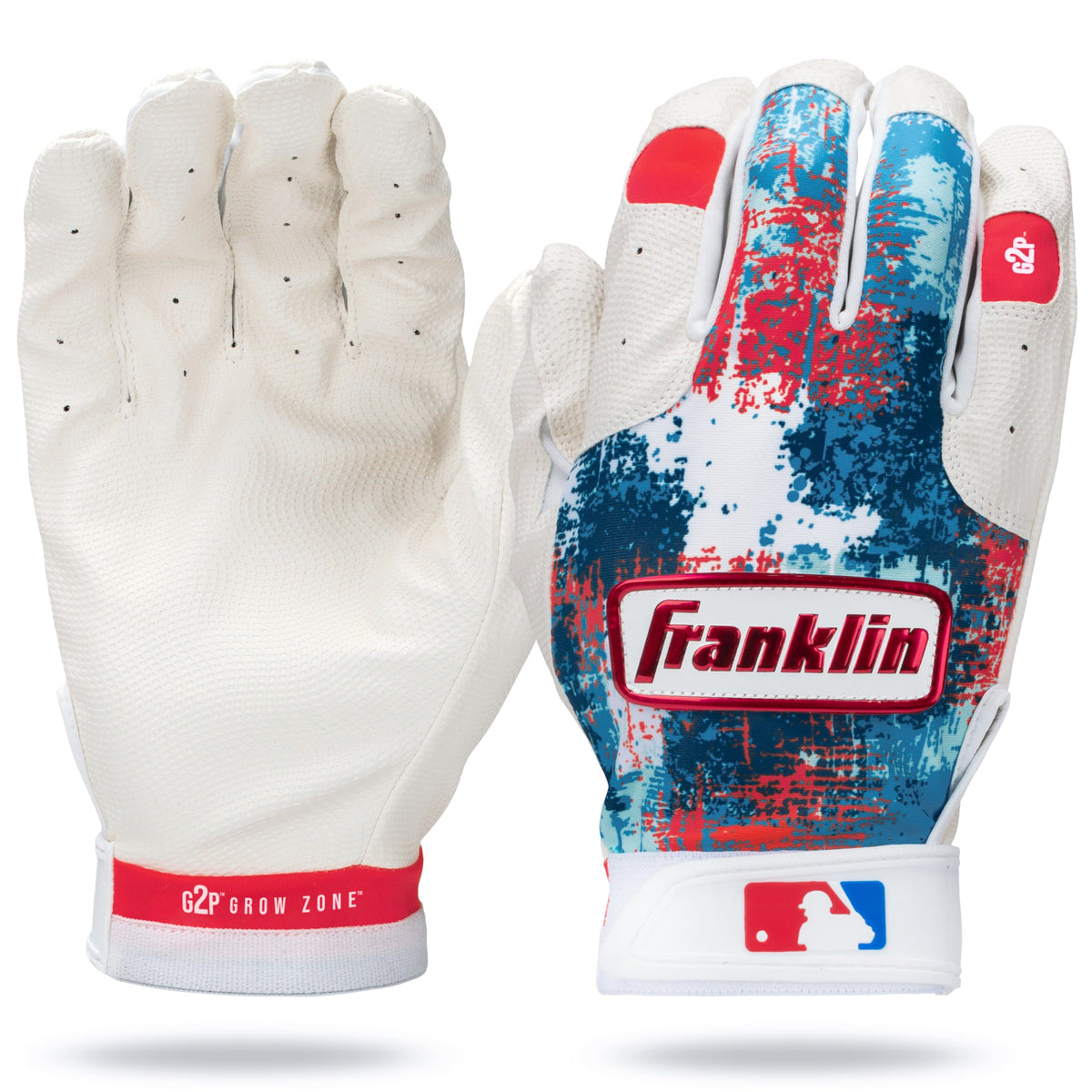 Franklin Sports front view of red white blue gloves showing fit and style benefit