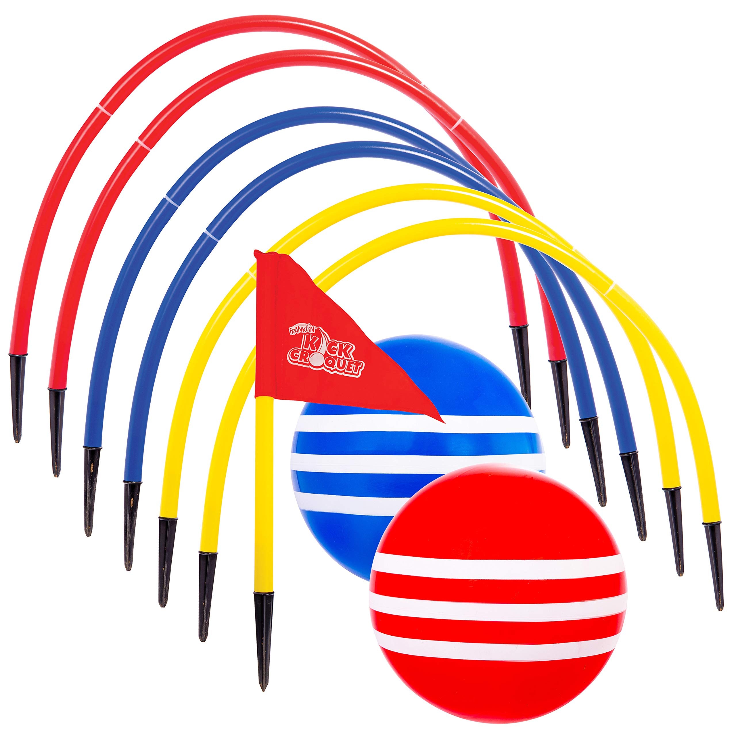 Franklin Sports front view of Kick Croquet set showing components and benefits