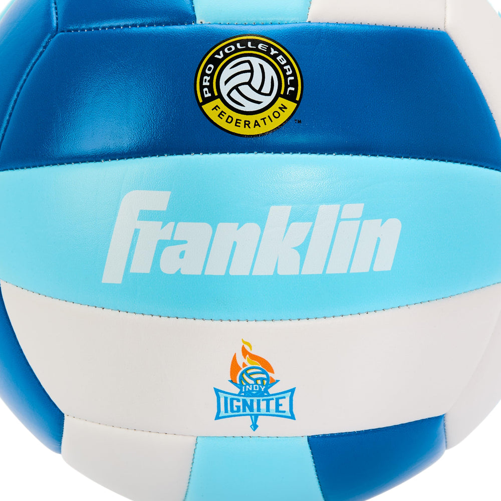 Franklin Sports PVF Indy Ignite valve and seam close-up showing durable butyl bladder