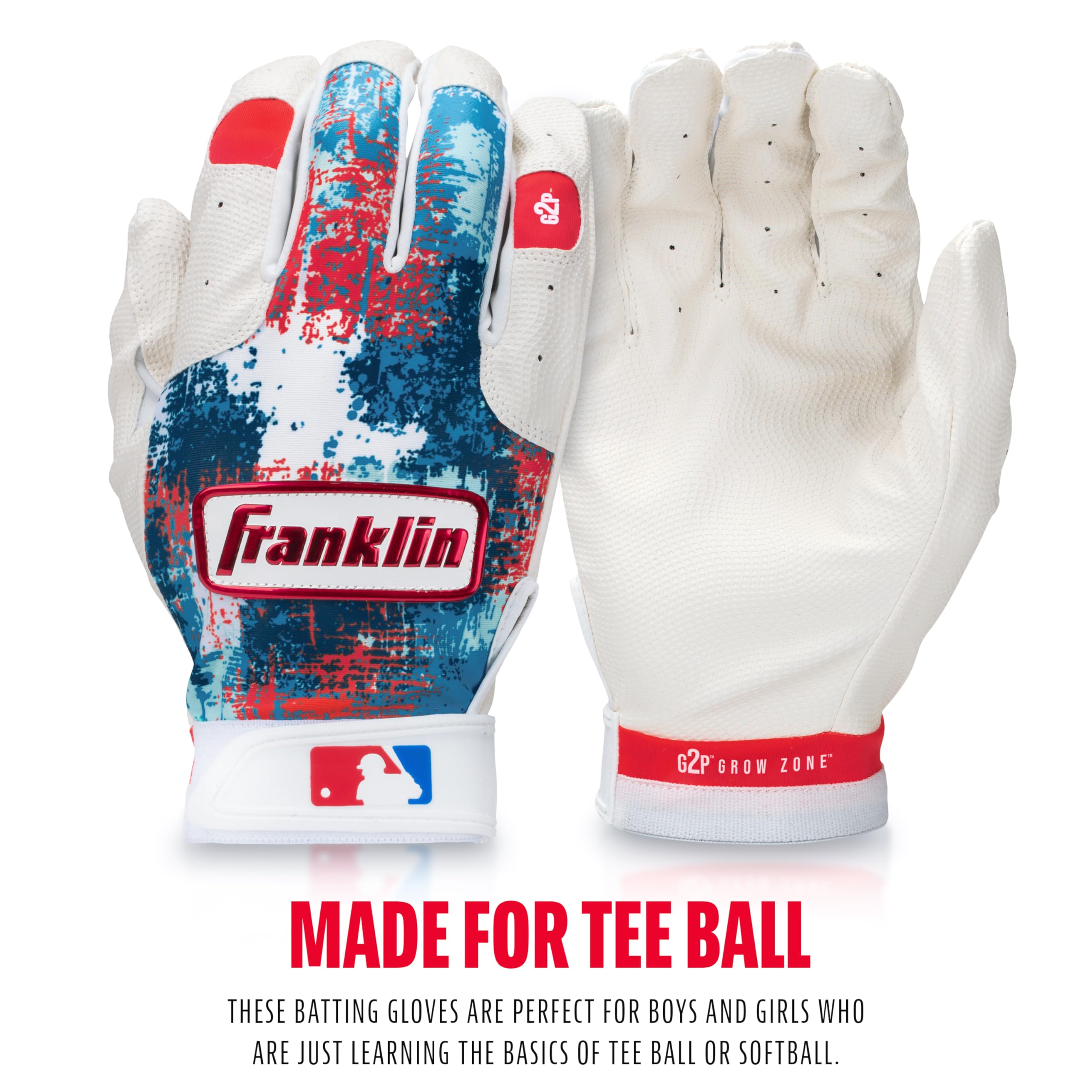 Franklin Sports gloves beside ruler showing youth large size and scale