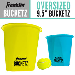 Franklin Sports buckets lined up in blue and yellow for easy team ID