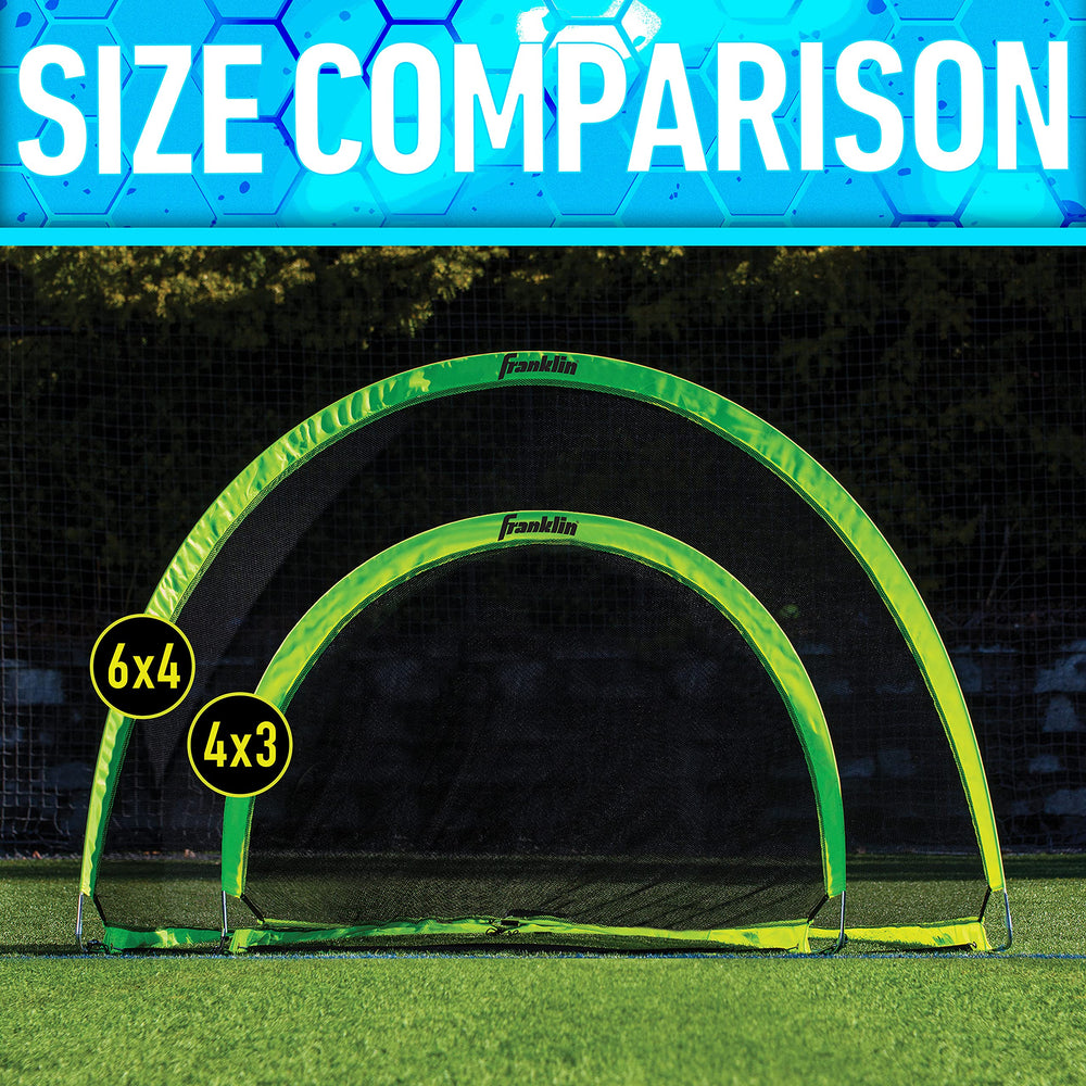 Franklin Sports goal next to soccer ball demonstrating 6 by 4 foot size scale