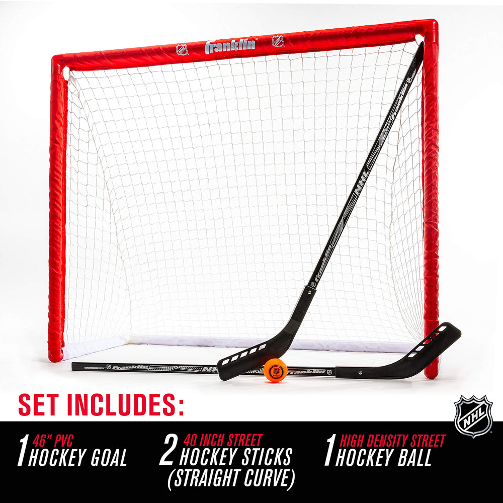 Franklin Sports two sticks and ball laid out for quick-start convenience