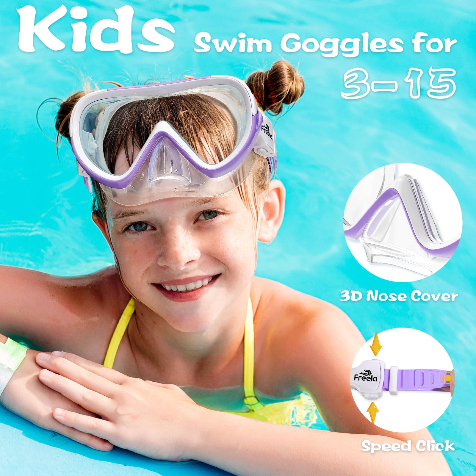 Freela child wearing goggles in pool showing secure fit and clear underwater view