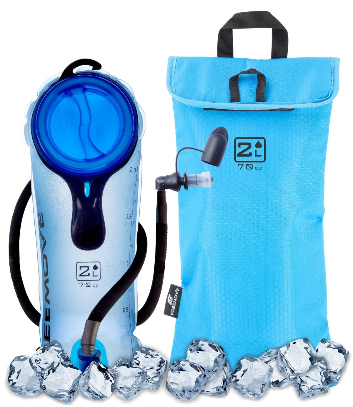 FREEMOVE front view of pack showing insulated bag and bladder, clear hydration benefit