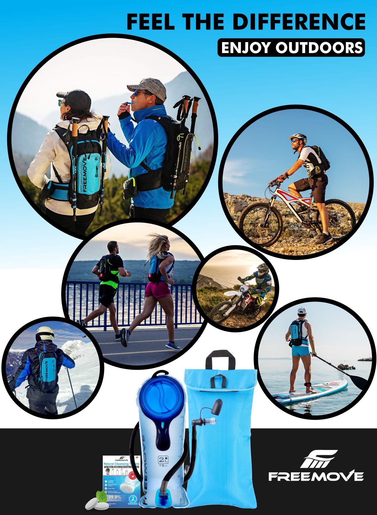 FREEMOVE hydration system in use on a hiking trail for hands‑free sipping
