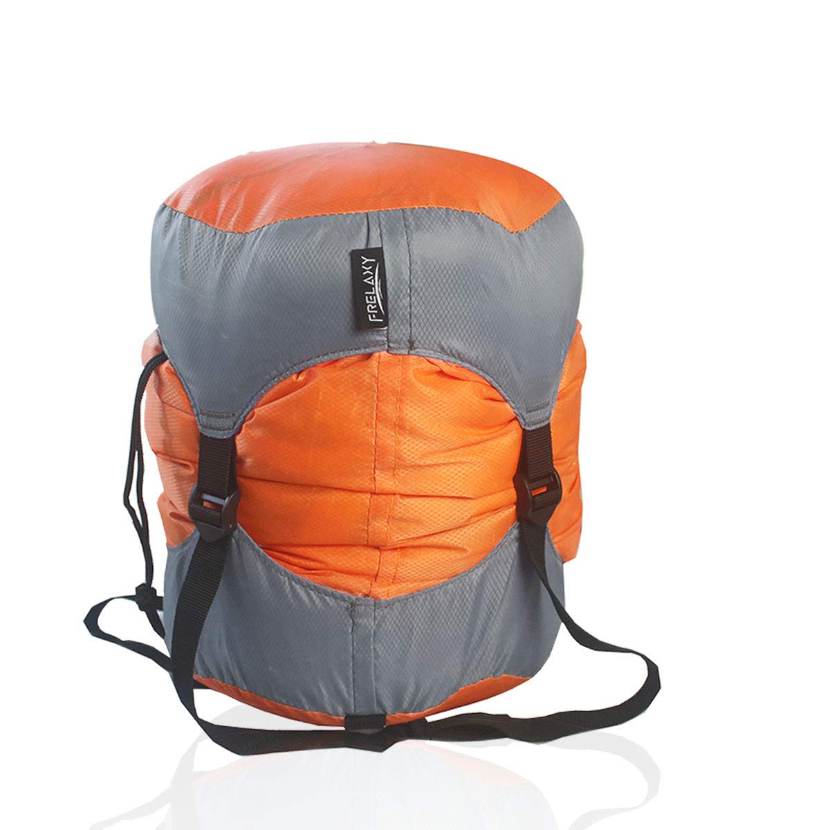 Frelaxy compression sack front view showing bright orange color and zipped top, easy packing benefit