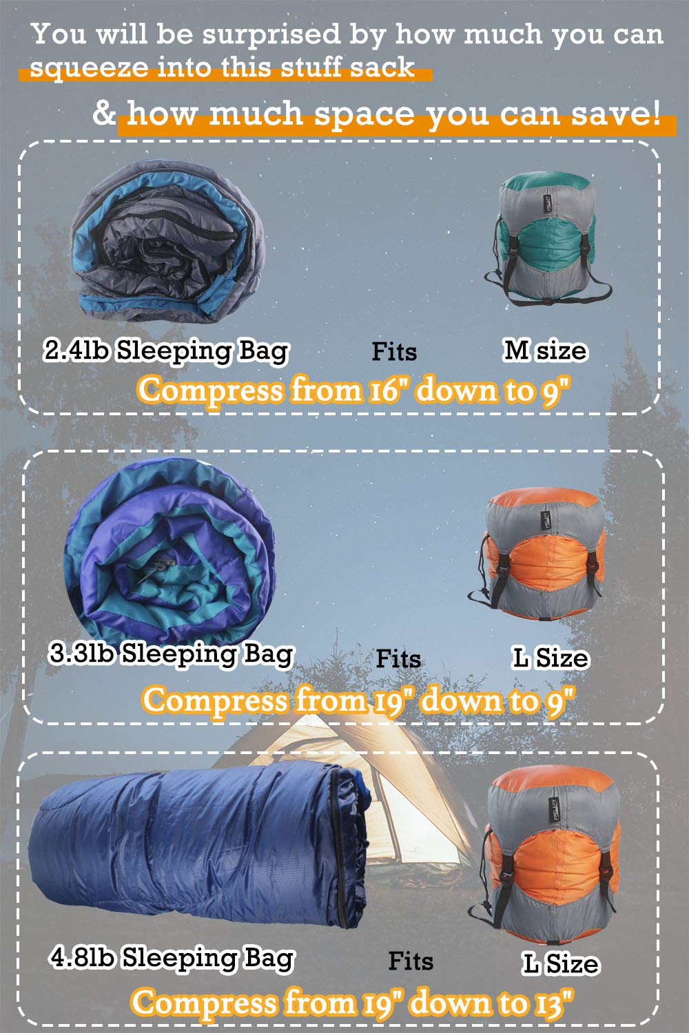 Frelaxy at campsite scene showing compressed sleeping bag storage for organized travel benefit