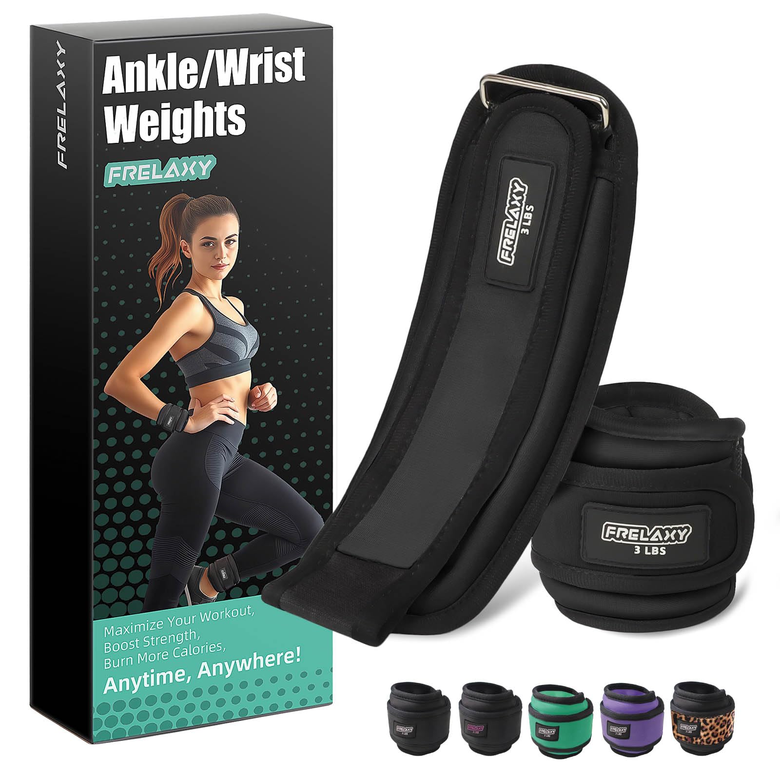 Frelaxy front packaging showing ankle weights and pair benefit of easy storage