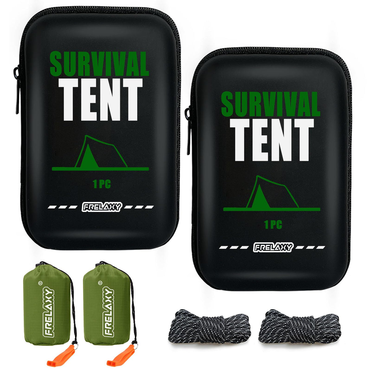 Frelaxy front packaging showing two emergency tents and compact storage - dependable protection
