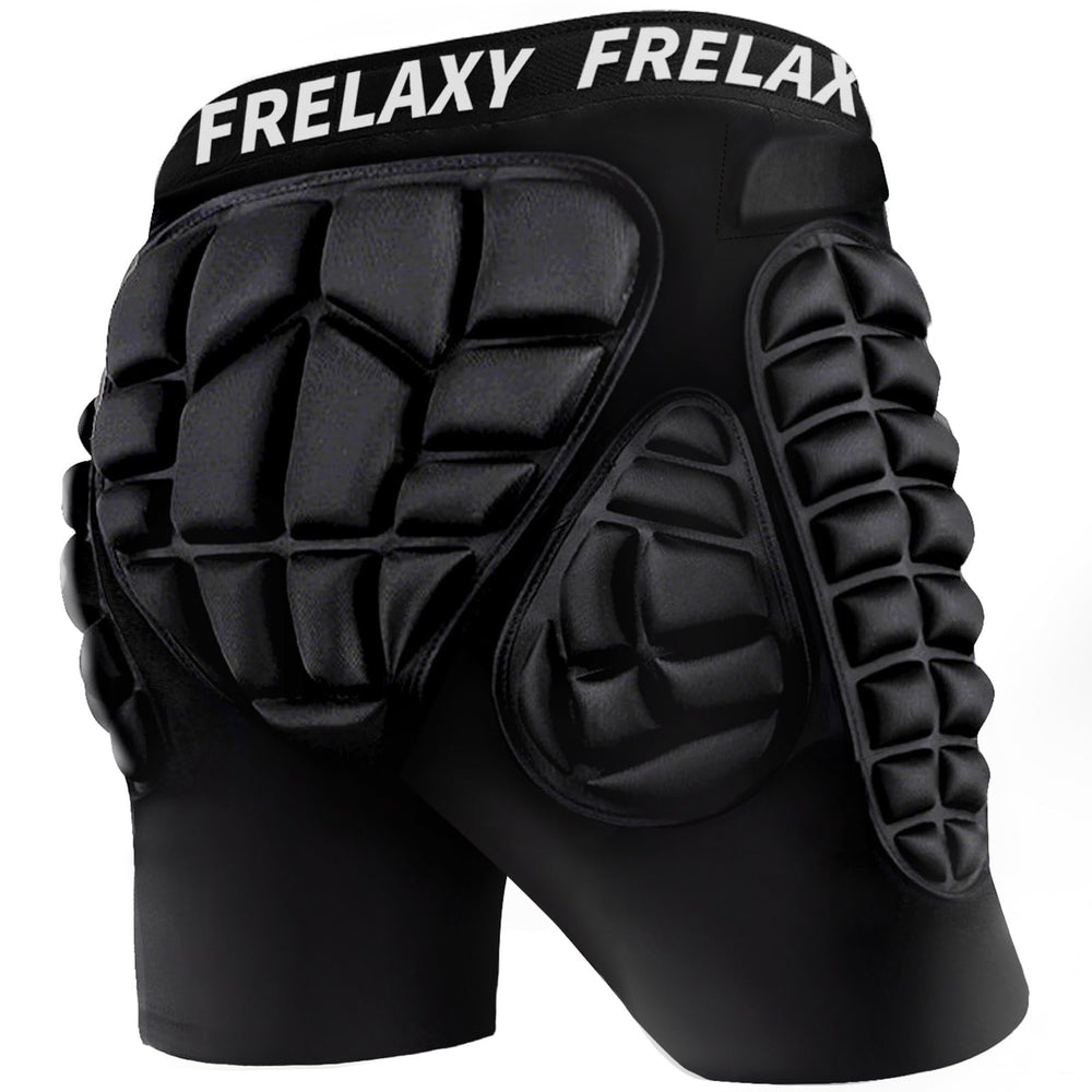 Frelaxy front view black shorts showing full protective coverage and comfortable fit