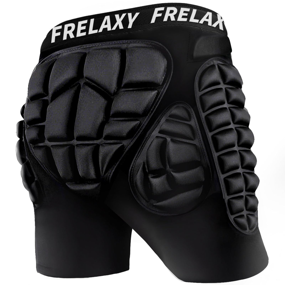 Frelaxy front view black shorts showing full protective coverage and comfortable fit