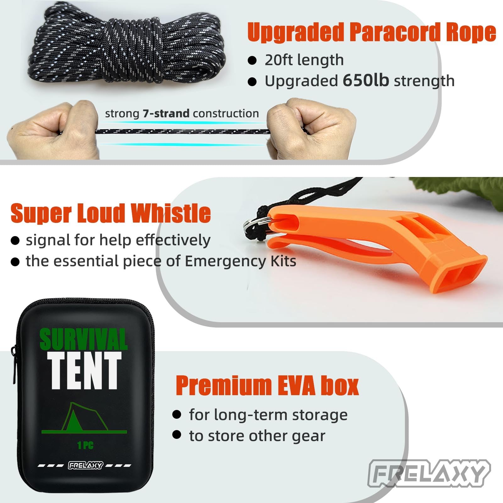 Frelaxy paracord and super loud whistle detail for secure rigging and signaling - reliable kit