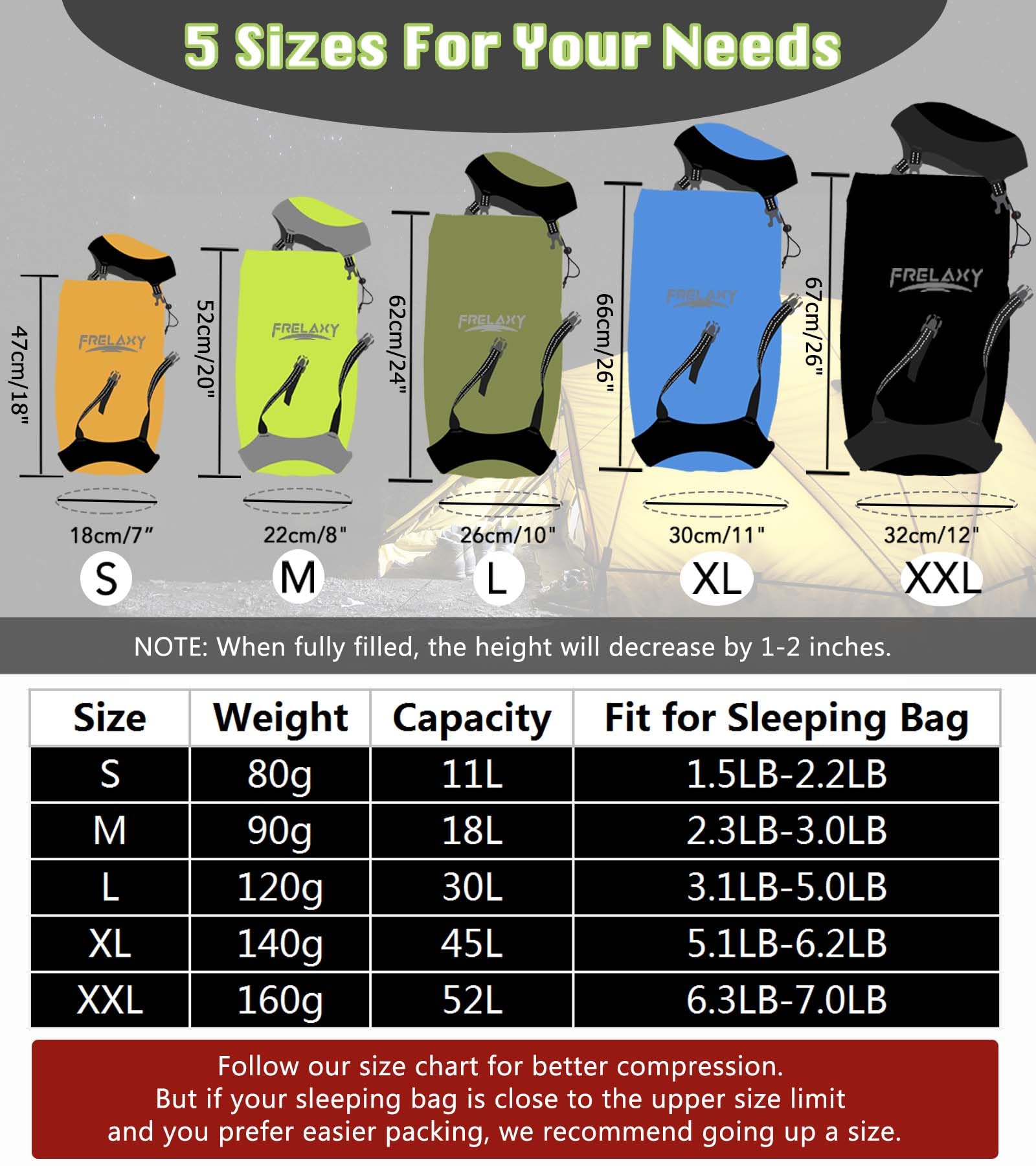 Frelaxy five sizes lined up for choosing right capacity benefit