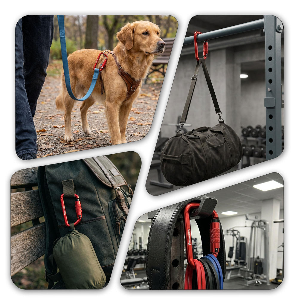 FresKaro carabiner clipped to backpack strap for quick-access gear attachment