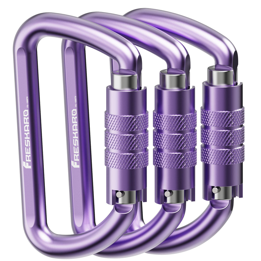 FresKaro front view of three purple carabiners showing compact pack and style benefit