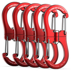 FresKaro front view of red 5-pack carabiners showing compact design and visibility