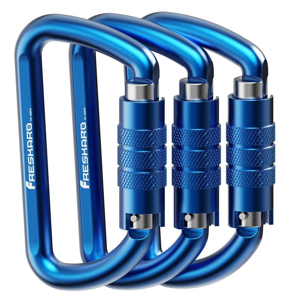 FresKaro front view of three blue carabiners showing compact design and portability