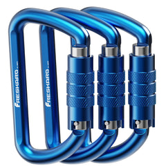 FresKaro front view of three blue carabiners showing compact design and portability