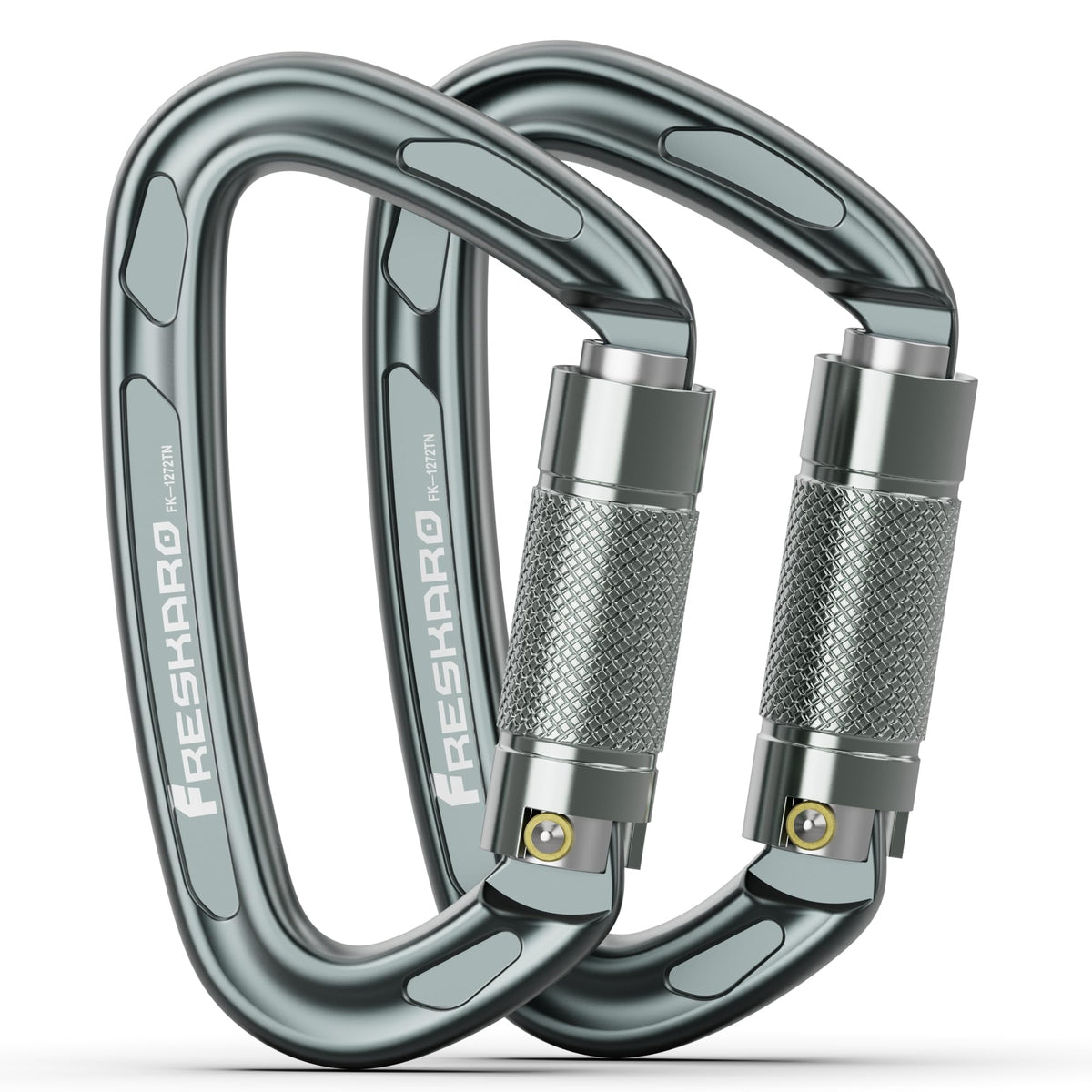 FresKaro front view showing two gray carabiners and easy identification benefit
