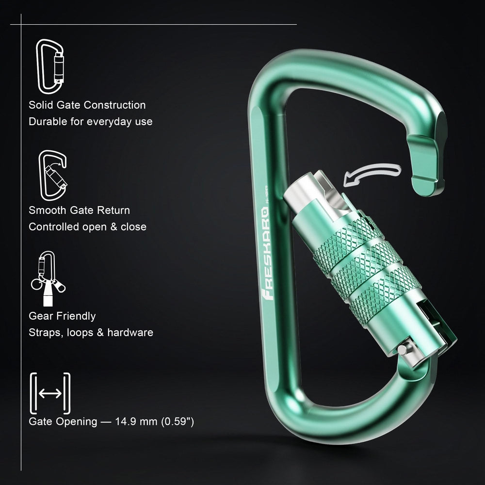 FresKaro side profile of D-shaped carabiner highlighting strong load-support design