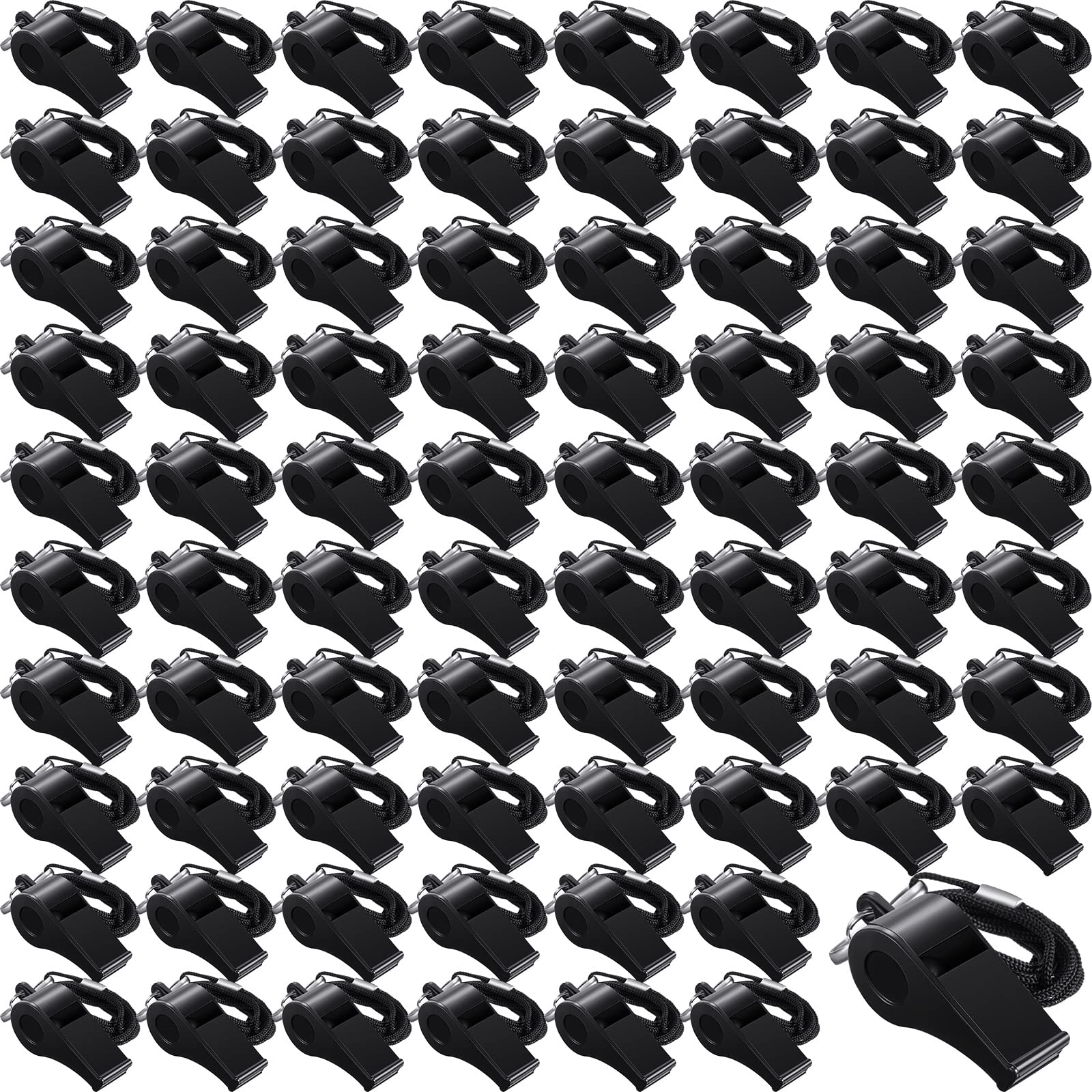 Frienda front view of 100 black whistles showing bulk quantity and convenience