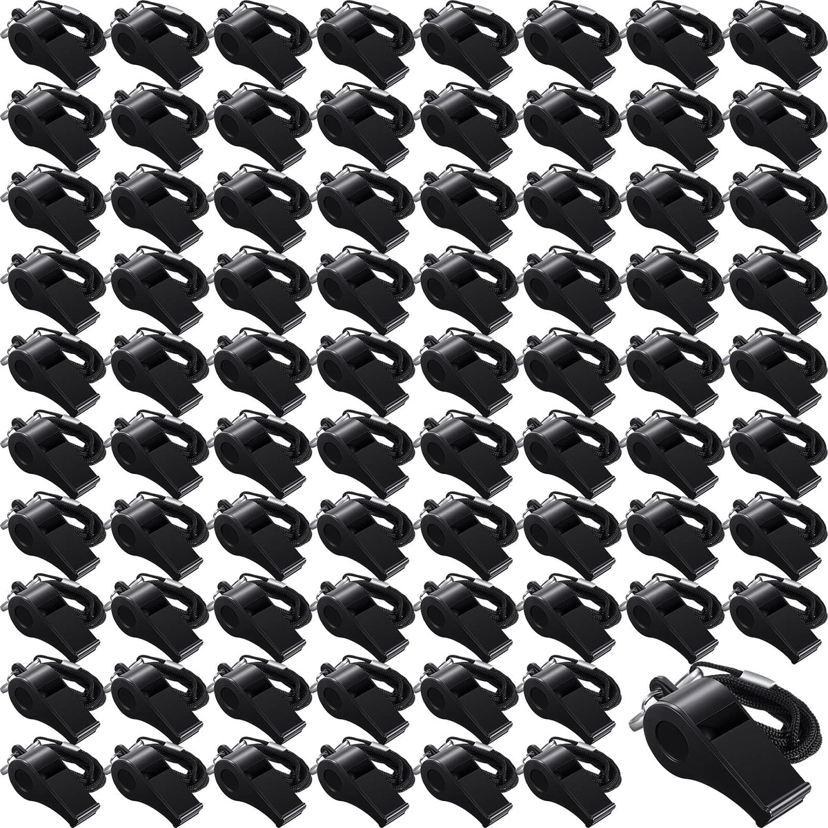 Frienda front view of 100 black whistles showing bulk quantity and convenience