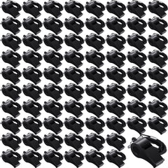 Frienda front view of 100 black whistles showing bulk quantity and convenience