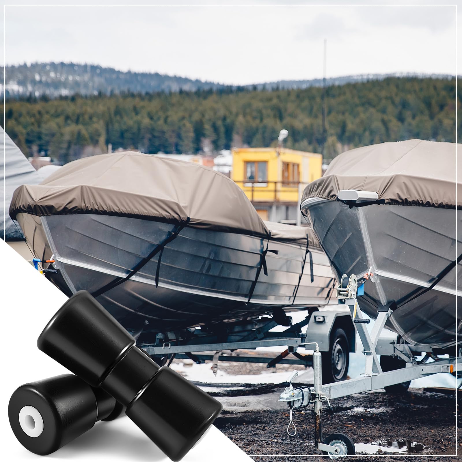 Frienda rollers installed on trailer at marina illustrating improved hull protection