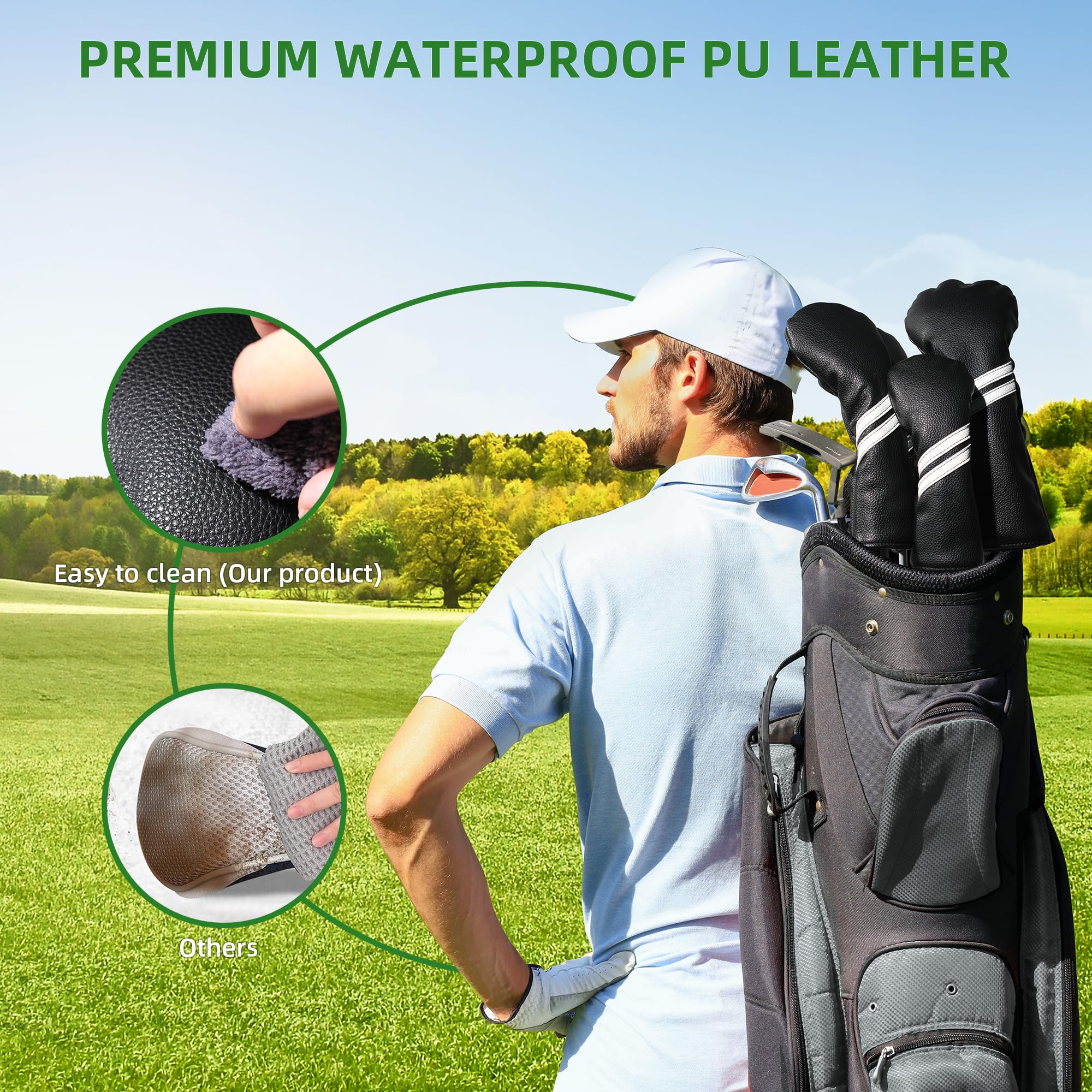 Frimon head covers in use on a golf bag showing organized clubs
