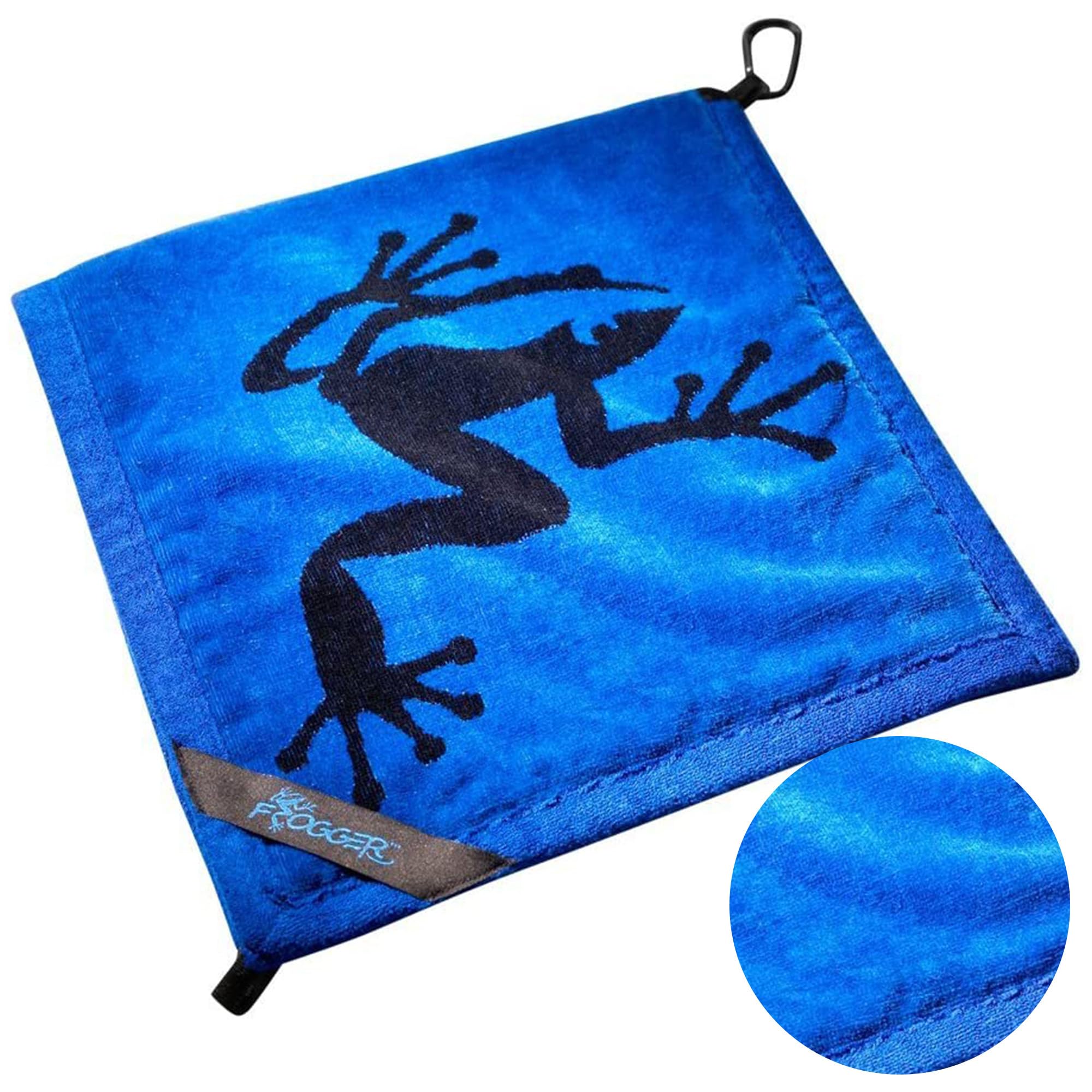 Frogger Amphibian front view showing blue and black towel and clip for easy access