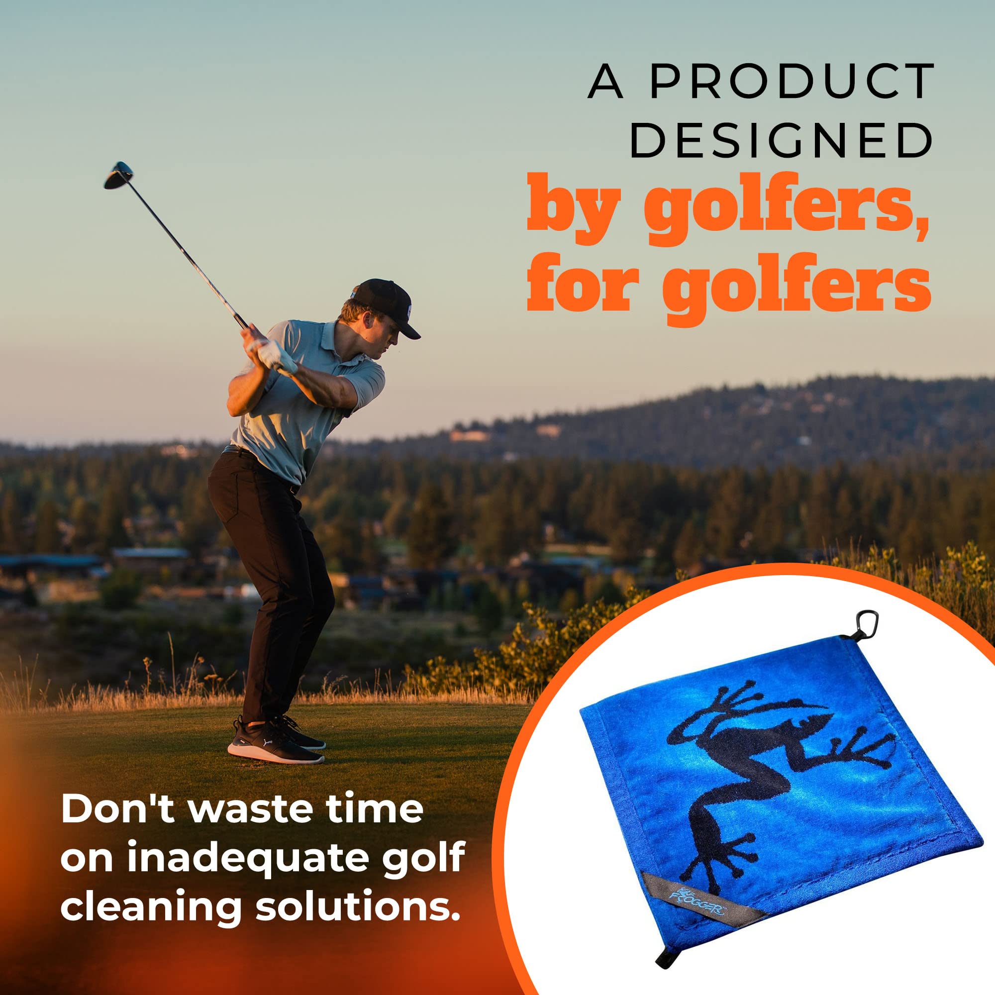 Frogger towel in use cleaning a club face for improved contact and spin control