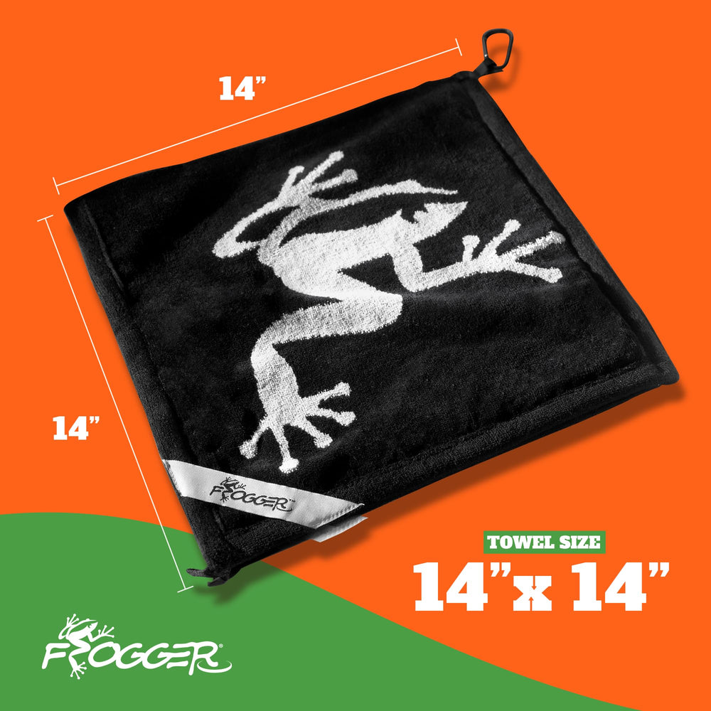 Frogger towel hanging on a golf bag in a course setting for practical on-course use