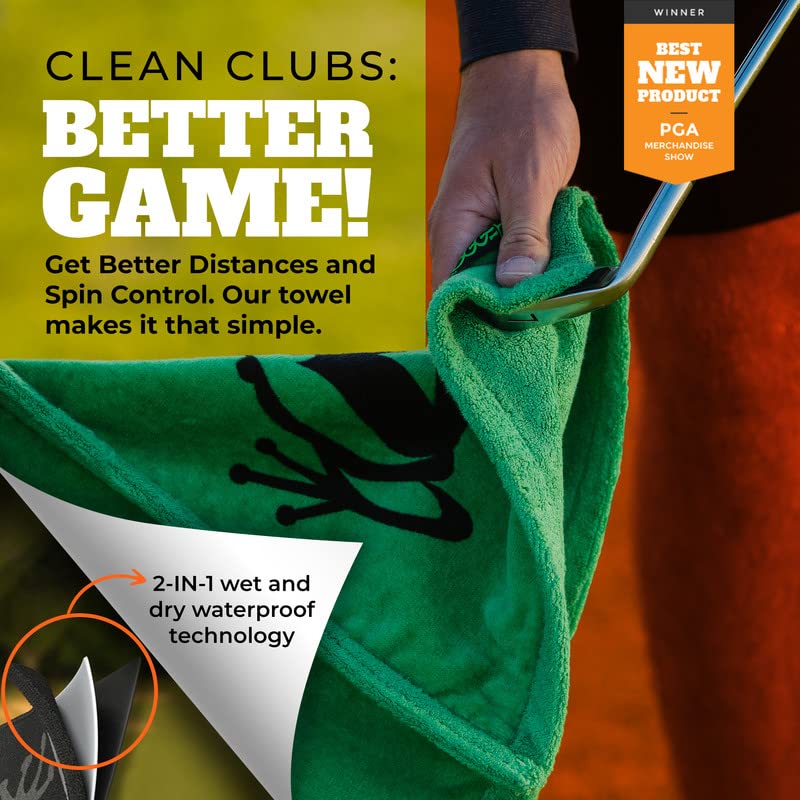 Frogger towel beside a golf glove showing compact size and portable convenience