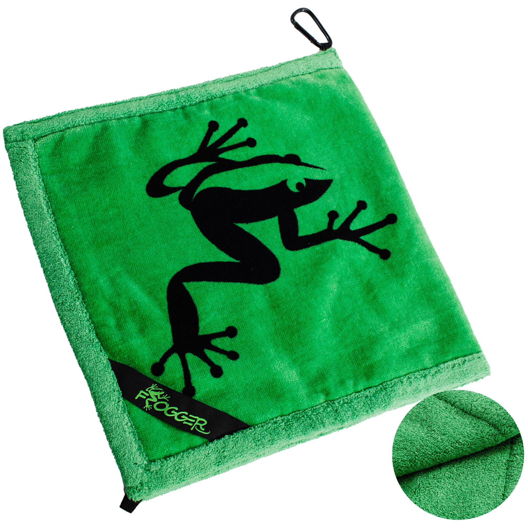 Frogger front-facing towel showing green double-sided design and clip benefits