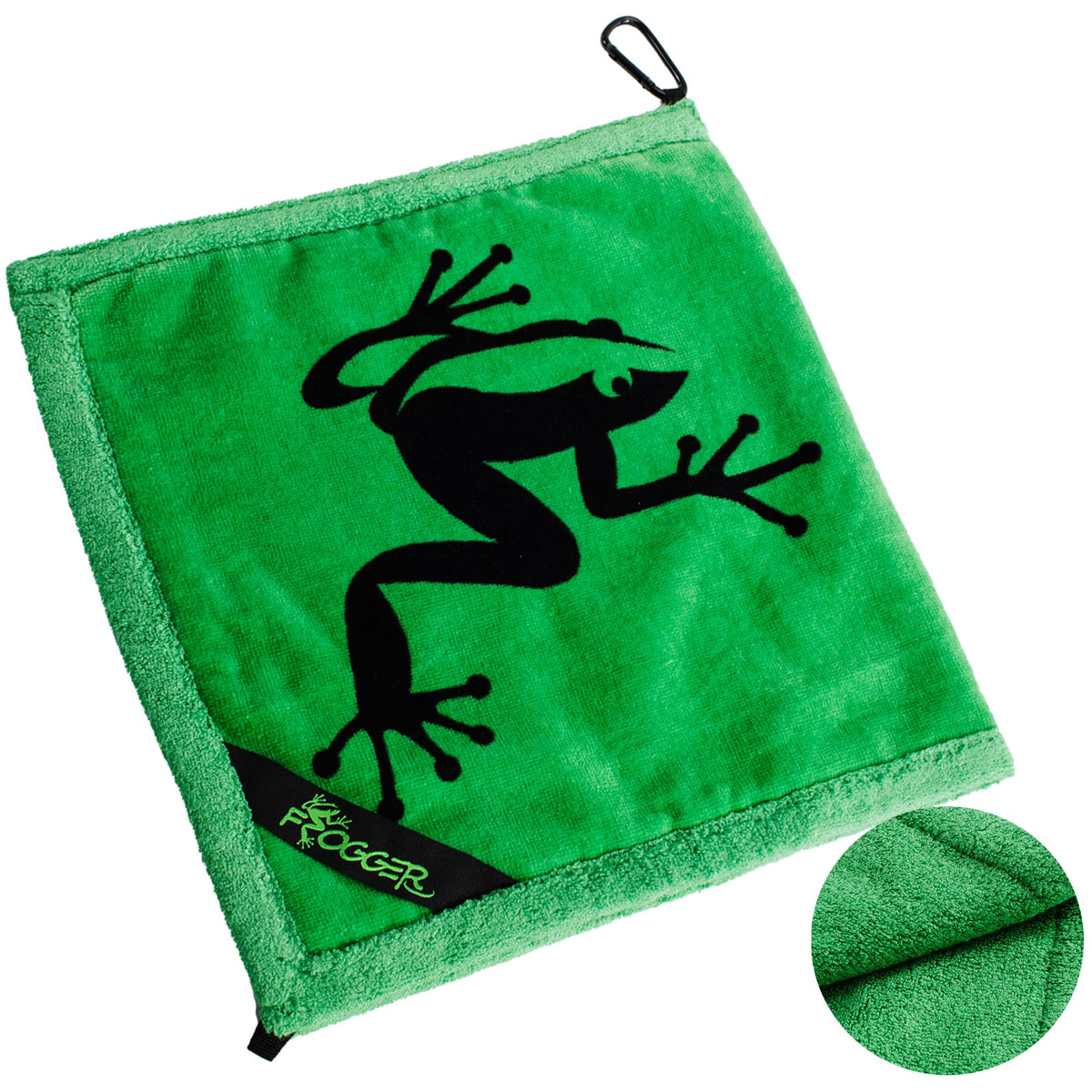 Frogger front-facing towel showing green double-sided design and clip benefits