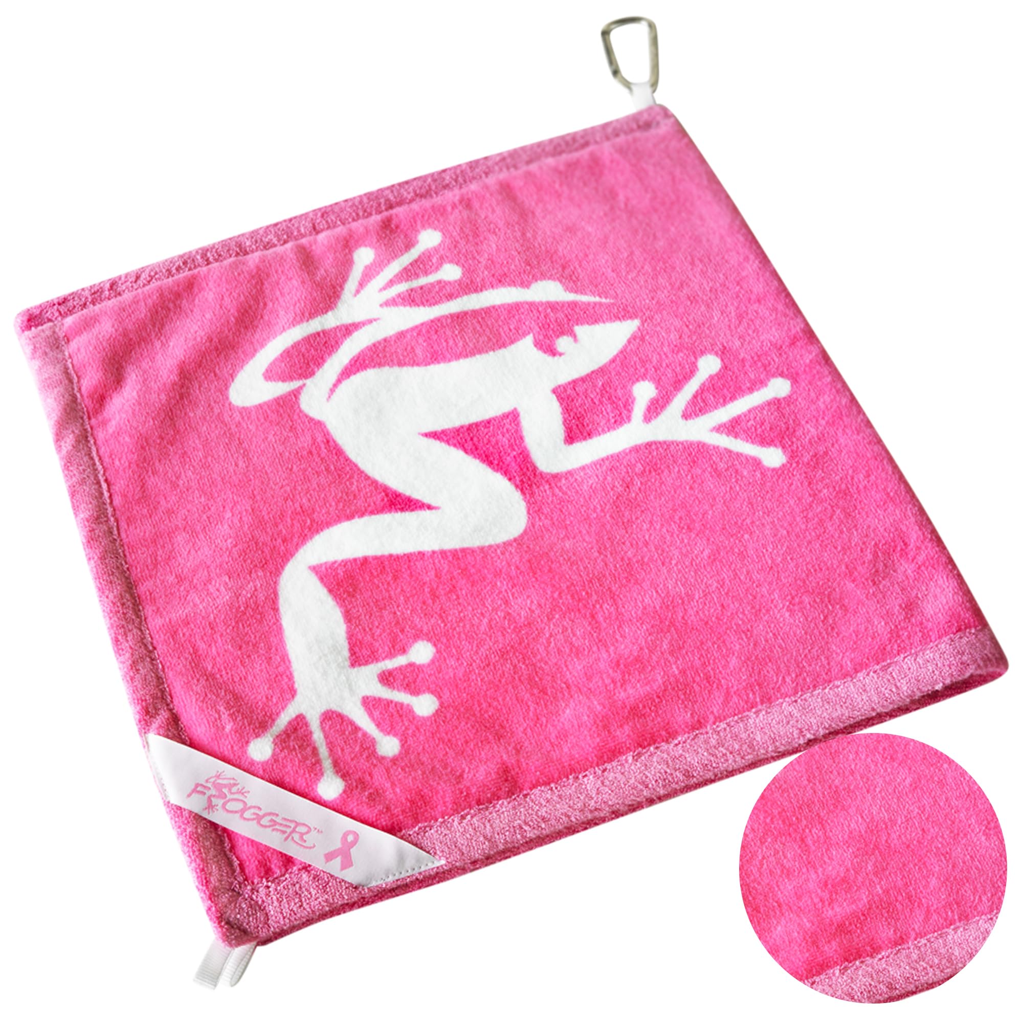 Frogger front view of pink towel shows compact design and clip benefit