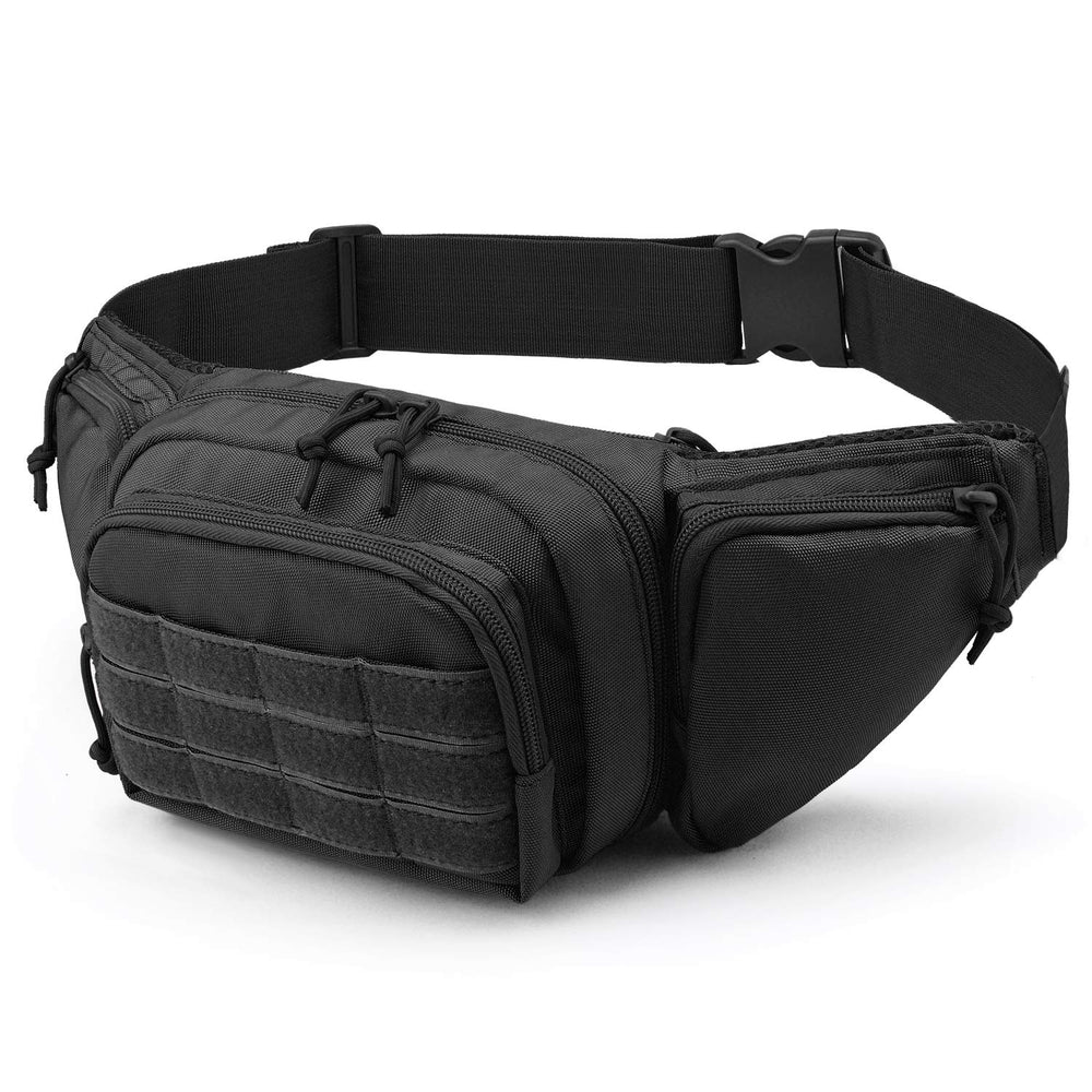 FRTKK front view of black tactical fanny pack showing pockets and quick access benefits
