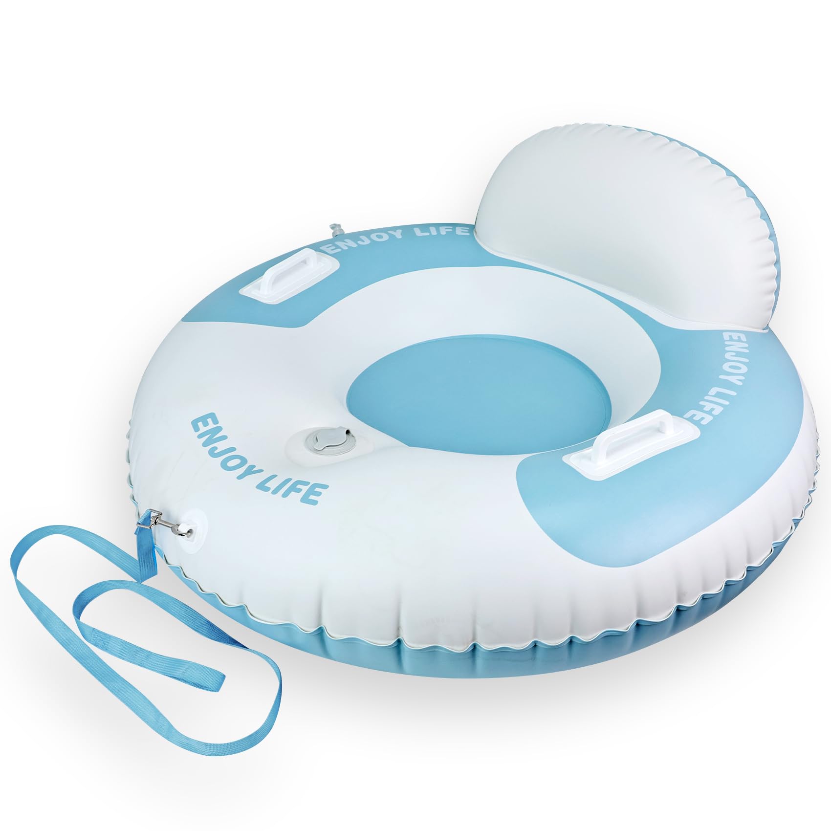 FRTUI front view of blue and white snow tube showing stable seat and design