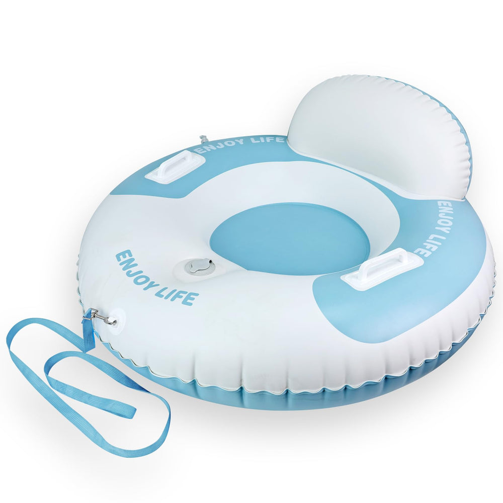 FRTUI front view of blue and white snow tube showing stable seat and design