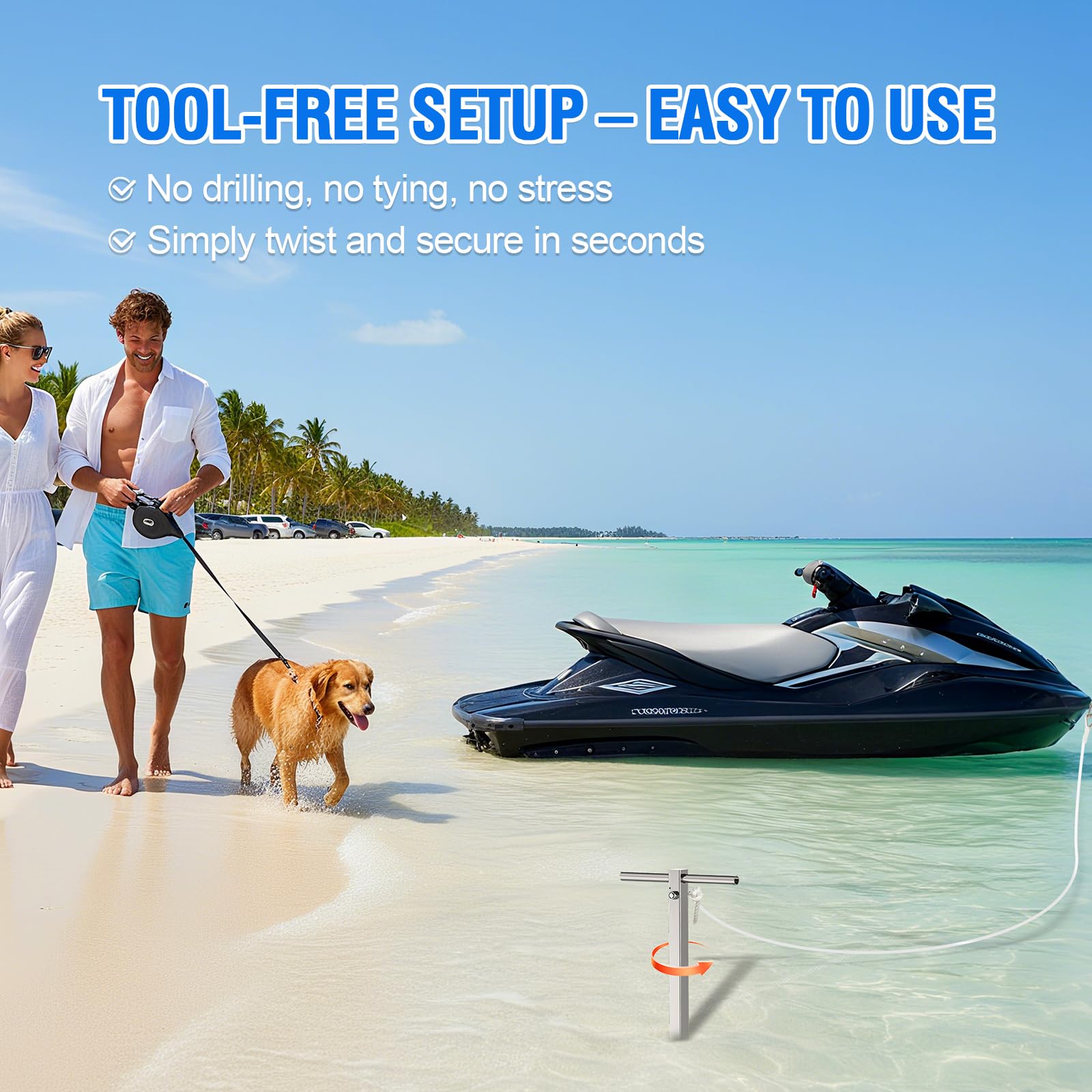 FUCNEN anchor installed in sandbar, secure anchoring for shallow water stops